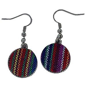 Woven Rainbow Striped Fabric Charm Dangly Earrings NEW